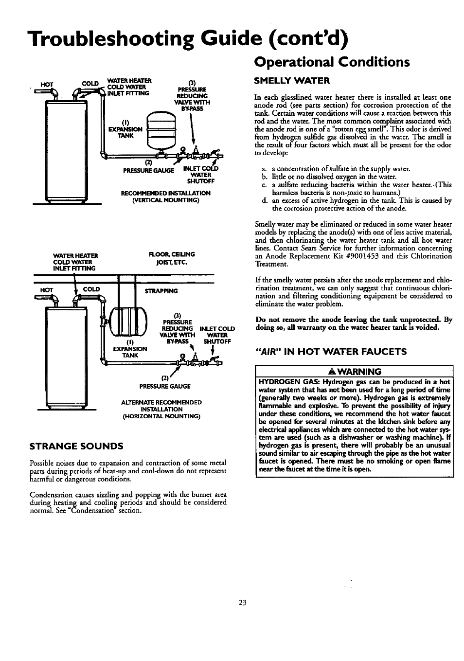 Troubleshooting guide (cont’d), Operational conditions, Strange sounds | Smelly water, Air” in hot water faucets, Awarning, Troubleshooting guide, Operational conditions -24, Smelly water “air” in hot water faucets | Kenmore POWER MISER 153.330751 User Manual | Page 23 / 28