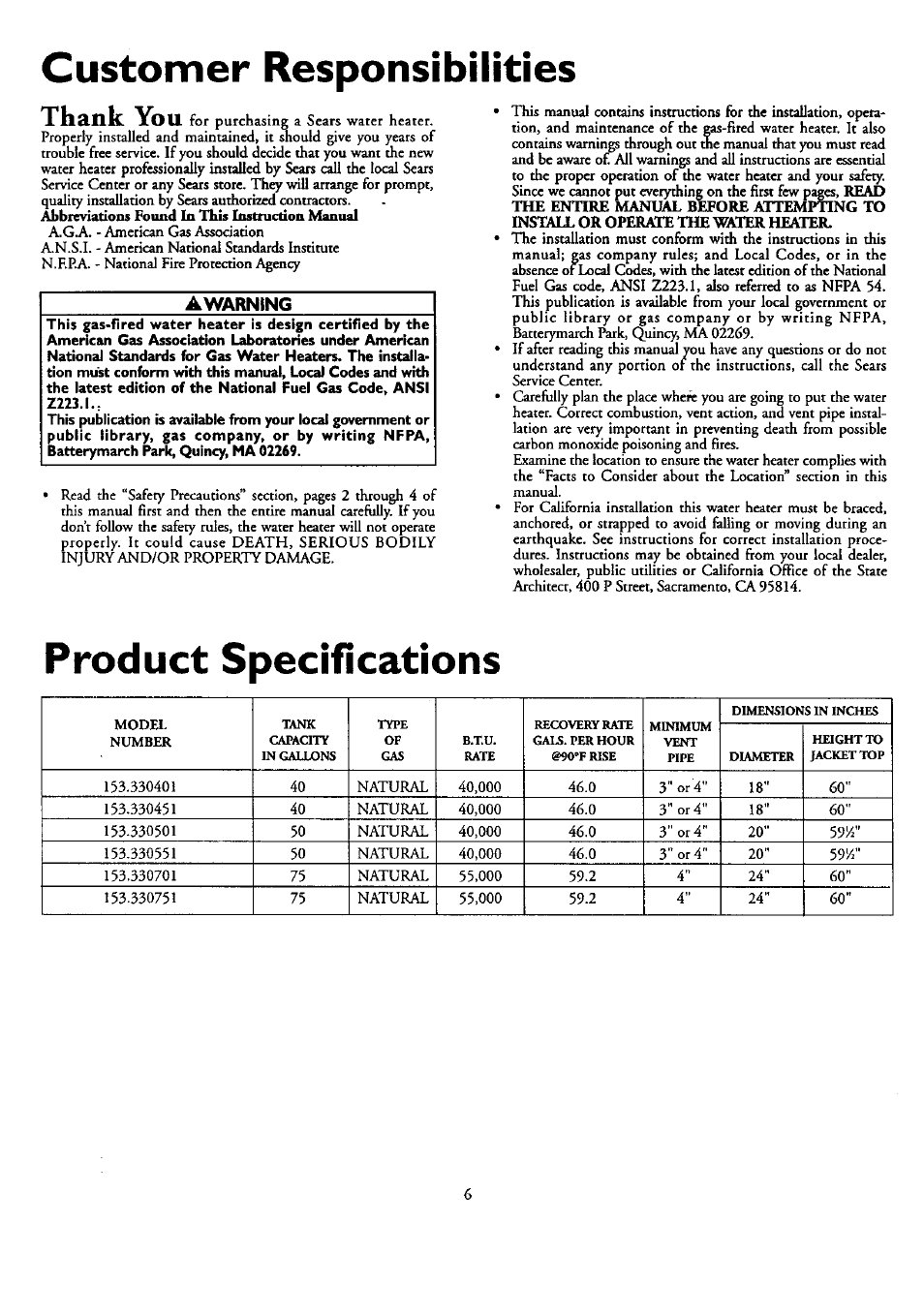 Customer responsibilities, Product specifications | Kenmore POWER MISER 153.330751 User Manual | Page 6 / 28