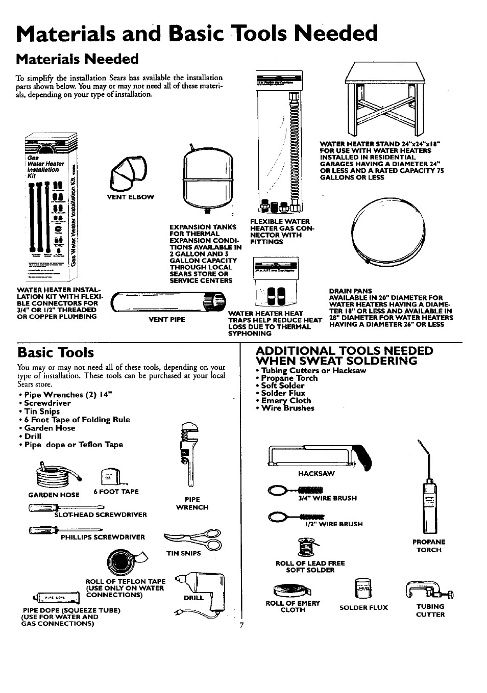 Materials and basic tools needed, Materials needed, Basic tools | Materials needed basic tools, Additional tools needed when sweat soldering | Kenmore POWER MISER 153.330751 User Manual | Page 7 / 28