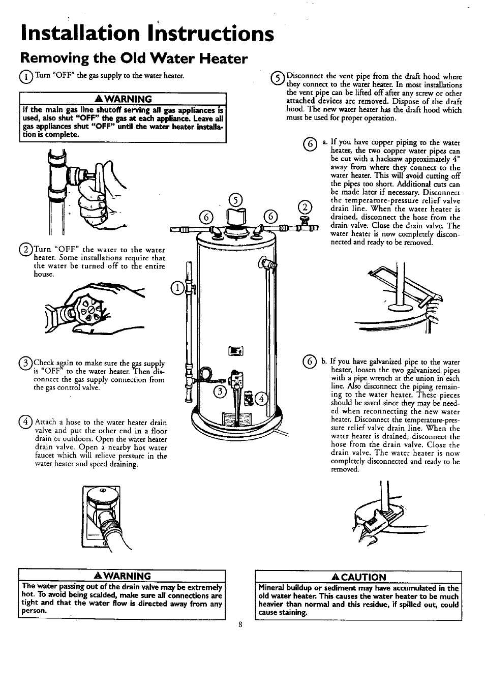 Removing the old water heater, Awarning, Installation instructions | Kenmore POWER MISER 153.330751 User Manual | Page 8 / 28