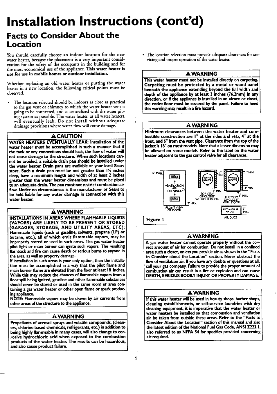 A caution, Awarning, Facts to consider about the location | Installation instructions (cont’d) | Kenmore POWER MISER 153.330751 User Manual | Page 9 / 28