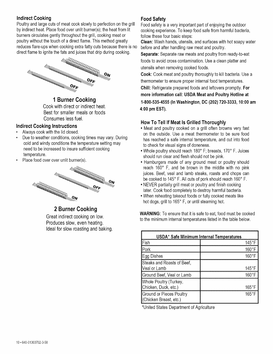 Food safety, How to tell if meat is grilled thoroughly, 1 burner cooking | 2 burner cooking, Indirect cooking | Kenmore 146.1622201 User Manual | Page 10 / 28