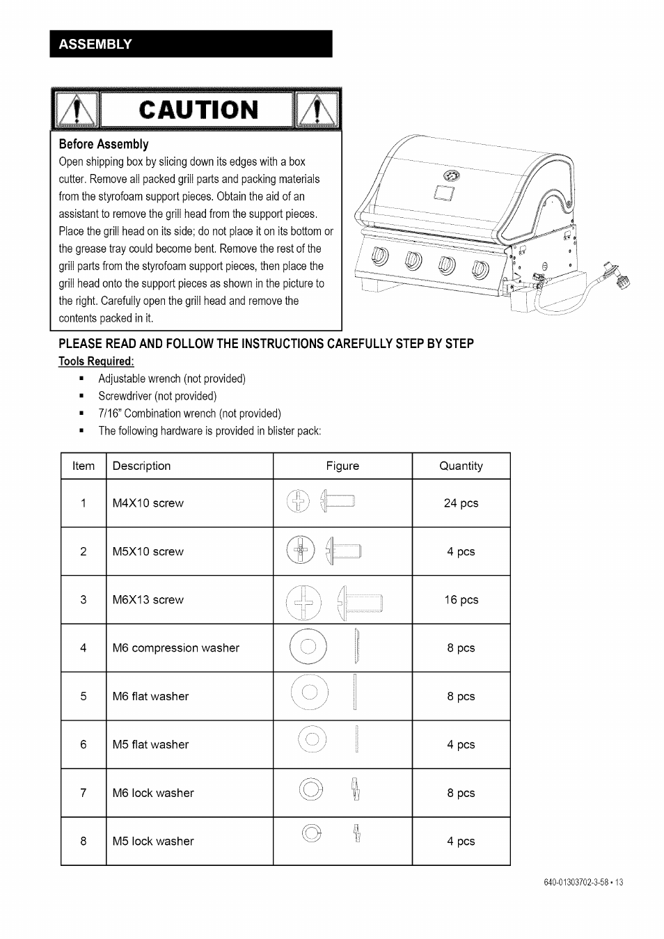 Assembly, Before assembly, Caution | Kenmore 146.1622201 User Manual | Page 13 / 28