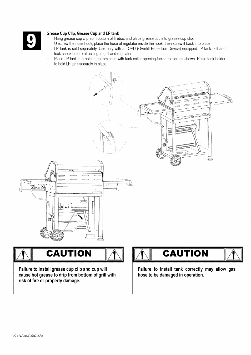 Grease cup clip, grease cup and lp tank, Caution | Kenmore 146.1622201 User Manual | Page 22 / 28