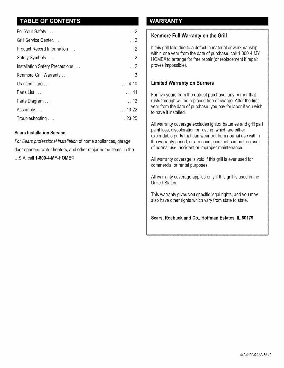 Kenmore full warranty on the grill, Limited warranty on burners | Kenmore 146.1622201 User Manual | Page 3 / 28