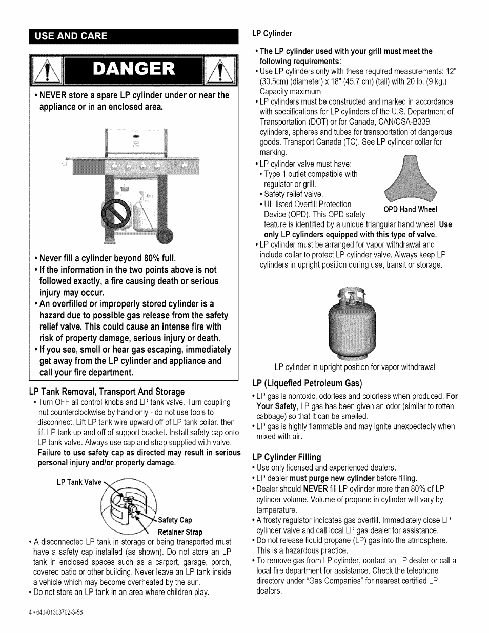 Lp tank removal, transport and storage, Lp (liquefied petroleum gas), Lp cylinder filling | Danger | Kenmore 146.1622201 User Manual | Page 4 / 28