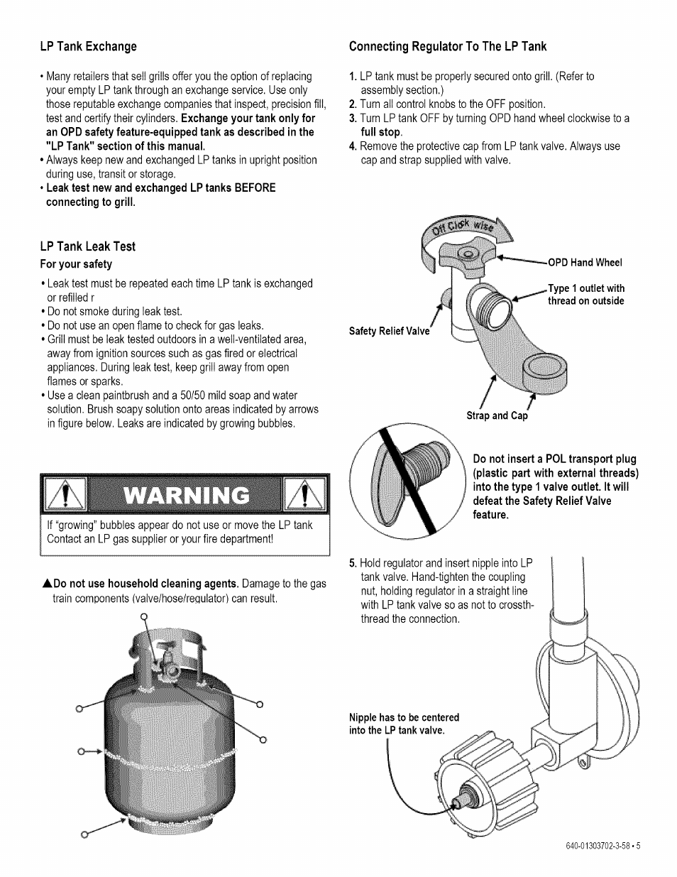 Connecting regulator to the lp tank, Lp tank leak test | Kenmore 146.1622201 User Manual | Page 5 / 28