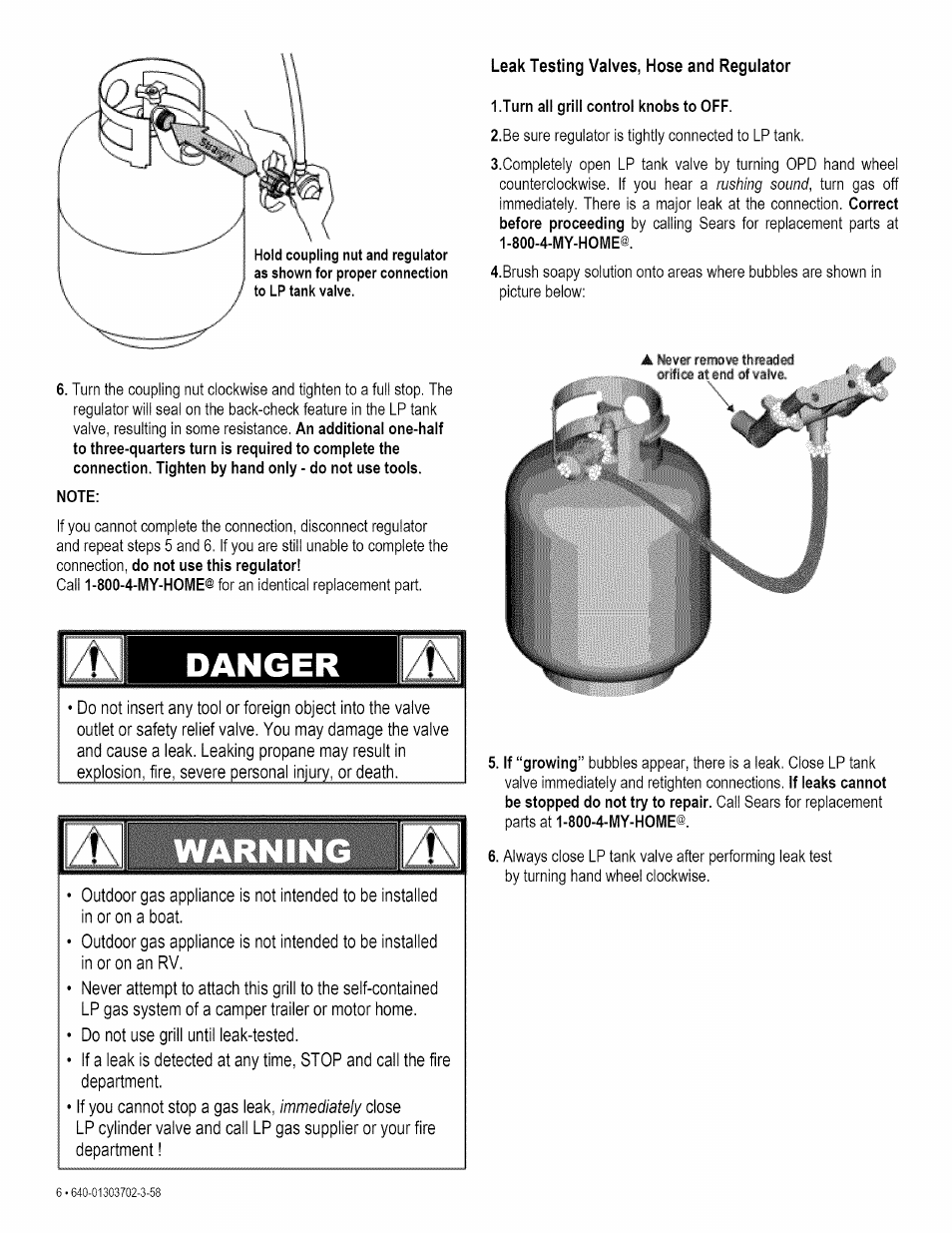 Note, Leak testing valves, hose and regulator, Iturn all grill control knobs to off | Danger f | Kenmore 146.1622201 User Manual | Page 6 / 28