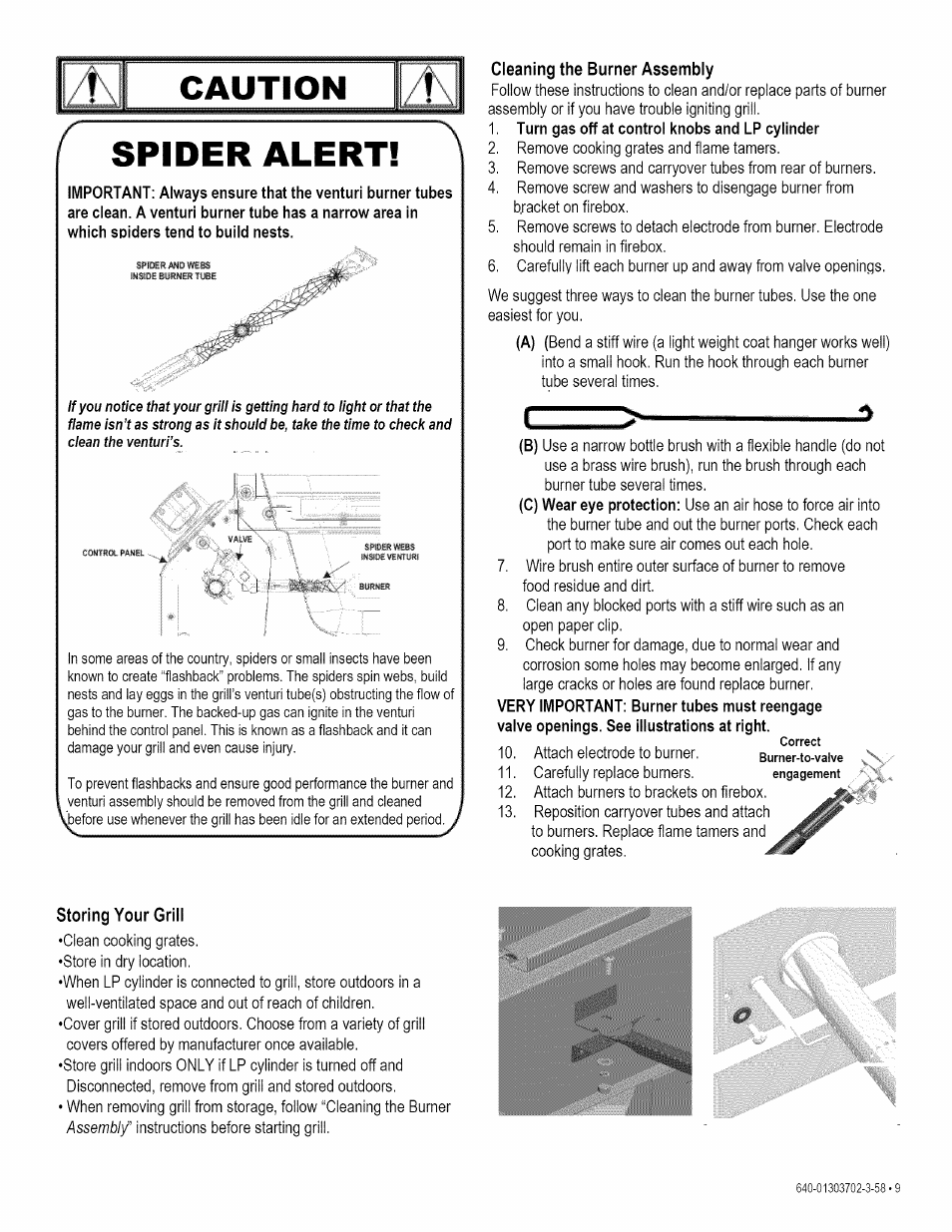 Cleaning the burner assembly, Turn gas off at control knobs and lp cylinder, Storing your grill | Caution spider alert! a | Kenmore 146.1622201 User Manual | Page 9 / 28