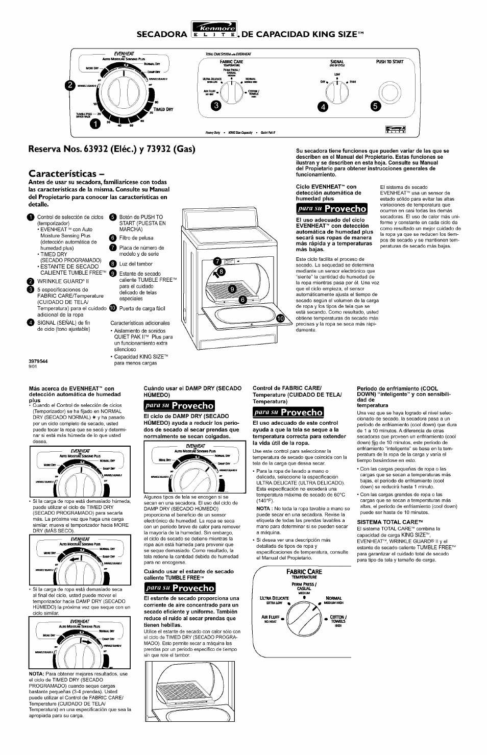 Reserva nos. 63932 (elèe.) y 73932 (gas), Características, Para su provecho | Secadora, Provecho | Kenmore ELITE KING SIZE 73932 User Manual | Page 2 / 2