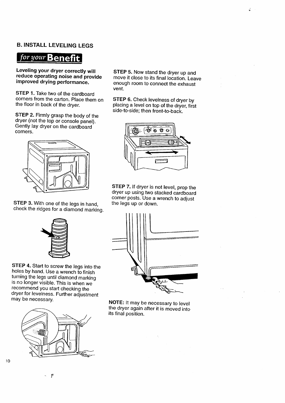 B. install leveling legs, Benefit, Or your | Kenmore 3405602 User Manual | Page 10 / 42