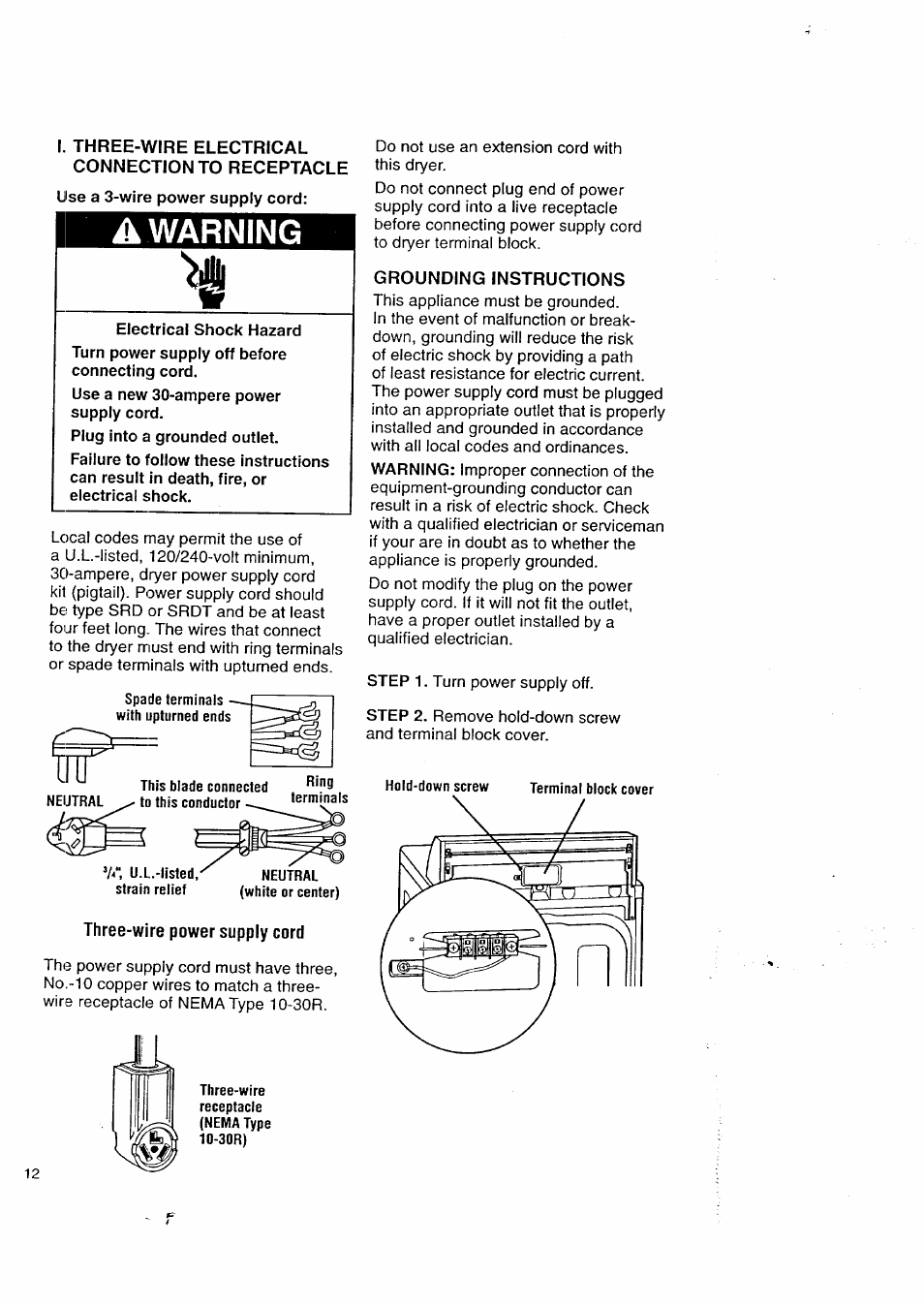 Three-wire power supply cord, Grounding instructions, A warning | Kenmore 3405602 User Manual | Page 12 / 42