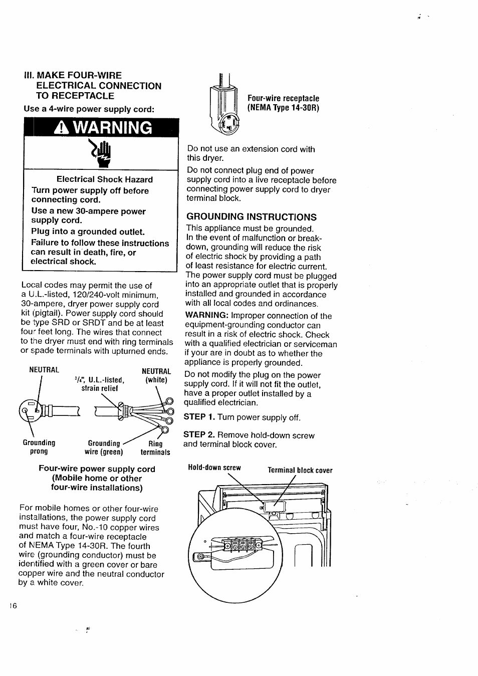 Iii. make four-wire, Electrical connection to receptacle, Grounding instructions | A warning | Kenmore 3405602 User Manual | Page 16 / 42