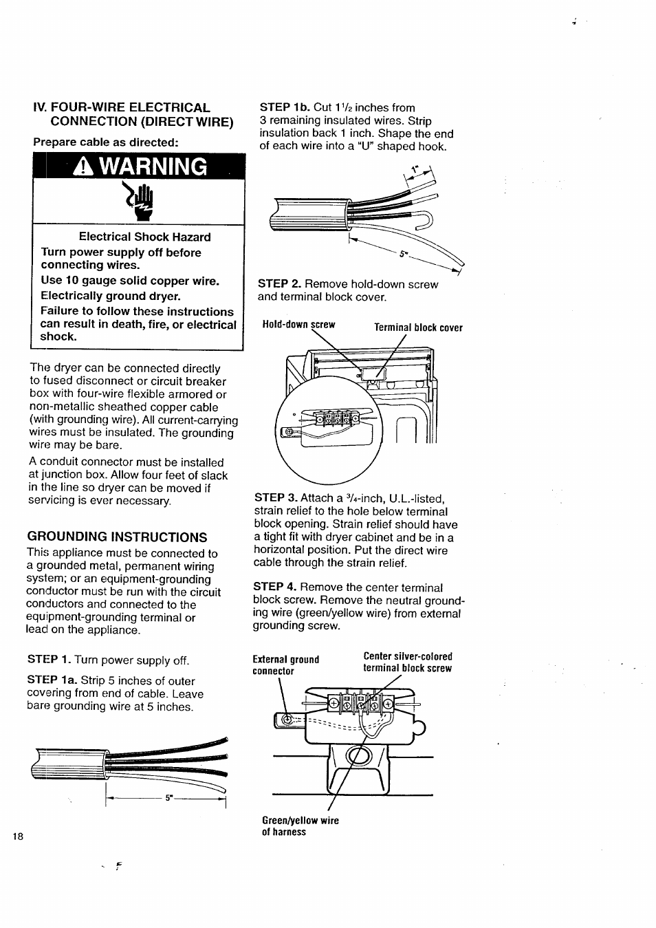 Iv. four-wire electrical connection (direct wire), Grounding instructions, A warning | Kenmore 3405602 User Manual | Page 18 / 42