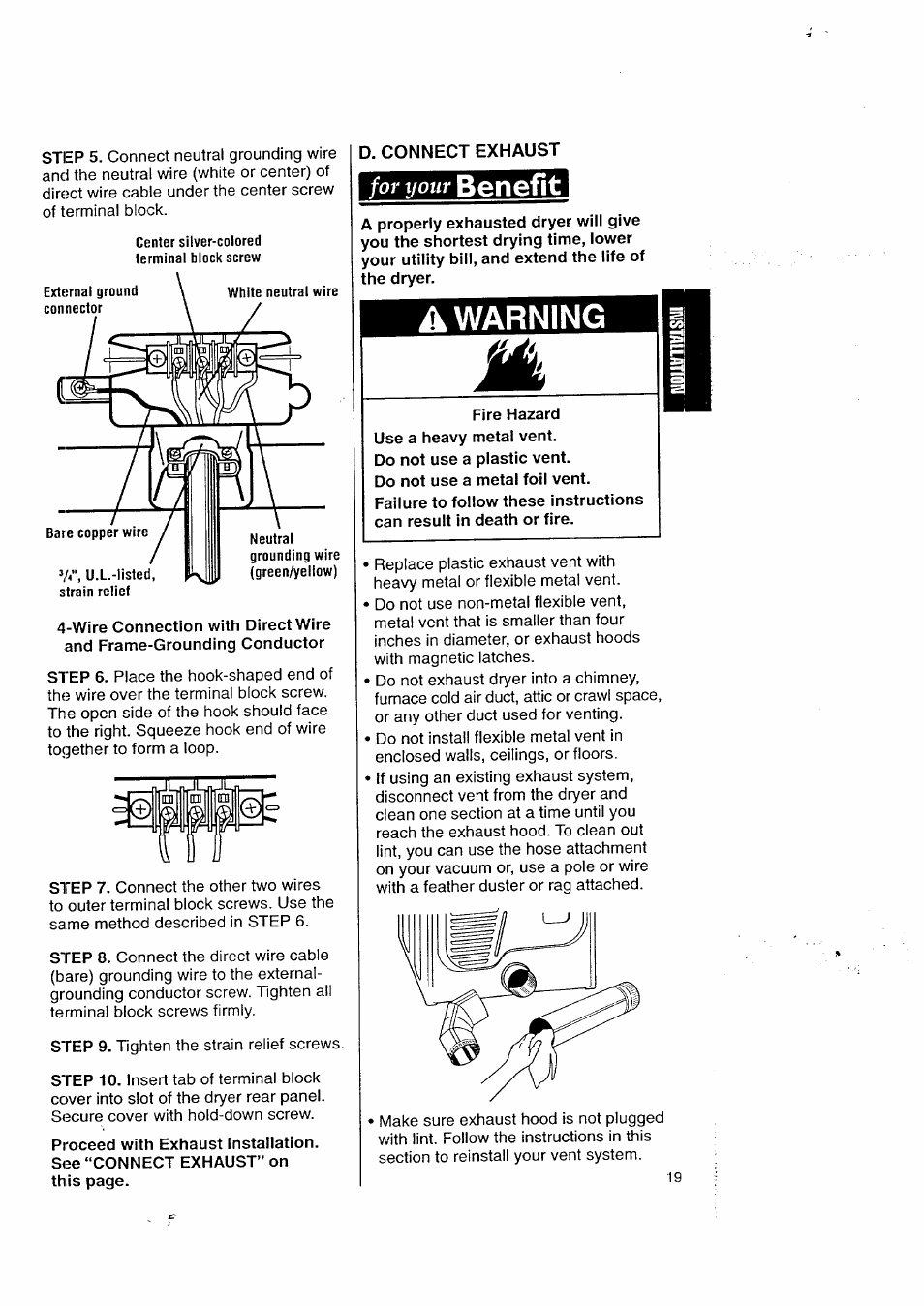 D. connect exhaust, For your benefit, A warning | Benefit, For your | Kenmore 3405602 User Manual | Page 19 / 42