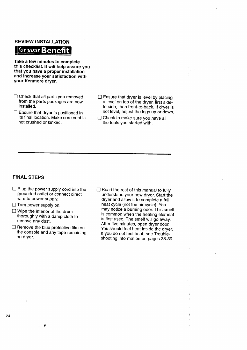 Review installation, Final steps, Benefit | For your | Kenmore 3405602 User Manual | Page 24 / 42