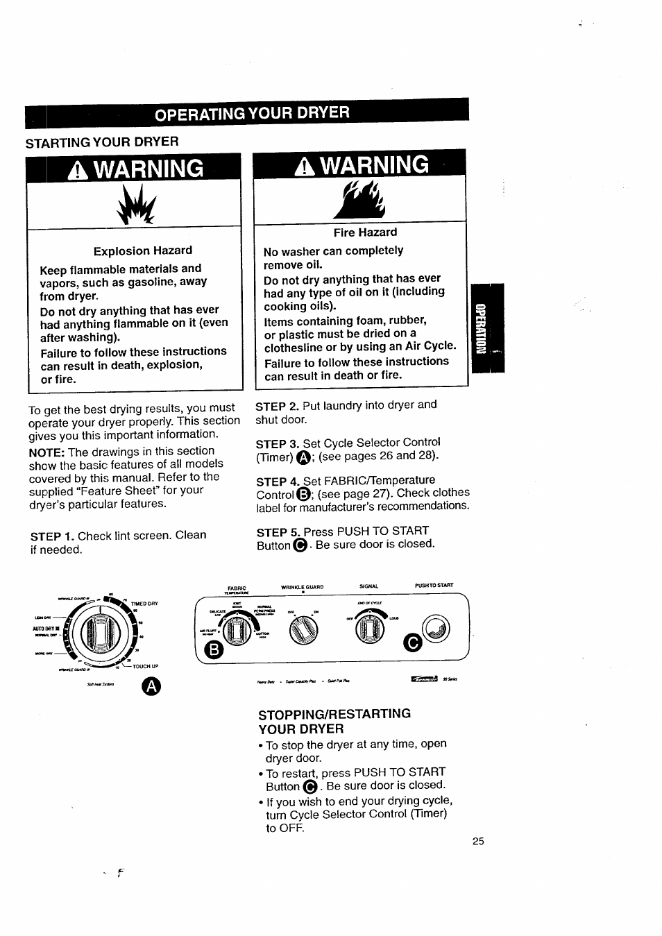 Operating your dryer, A warning | Kenmore 3405602 User Manual | Page 25 / 42