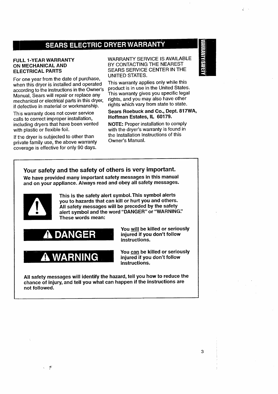 Sears electric dryer warranty, Adanger, Warning | Kenmore 3405602 User Manual | Page 3 / 42