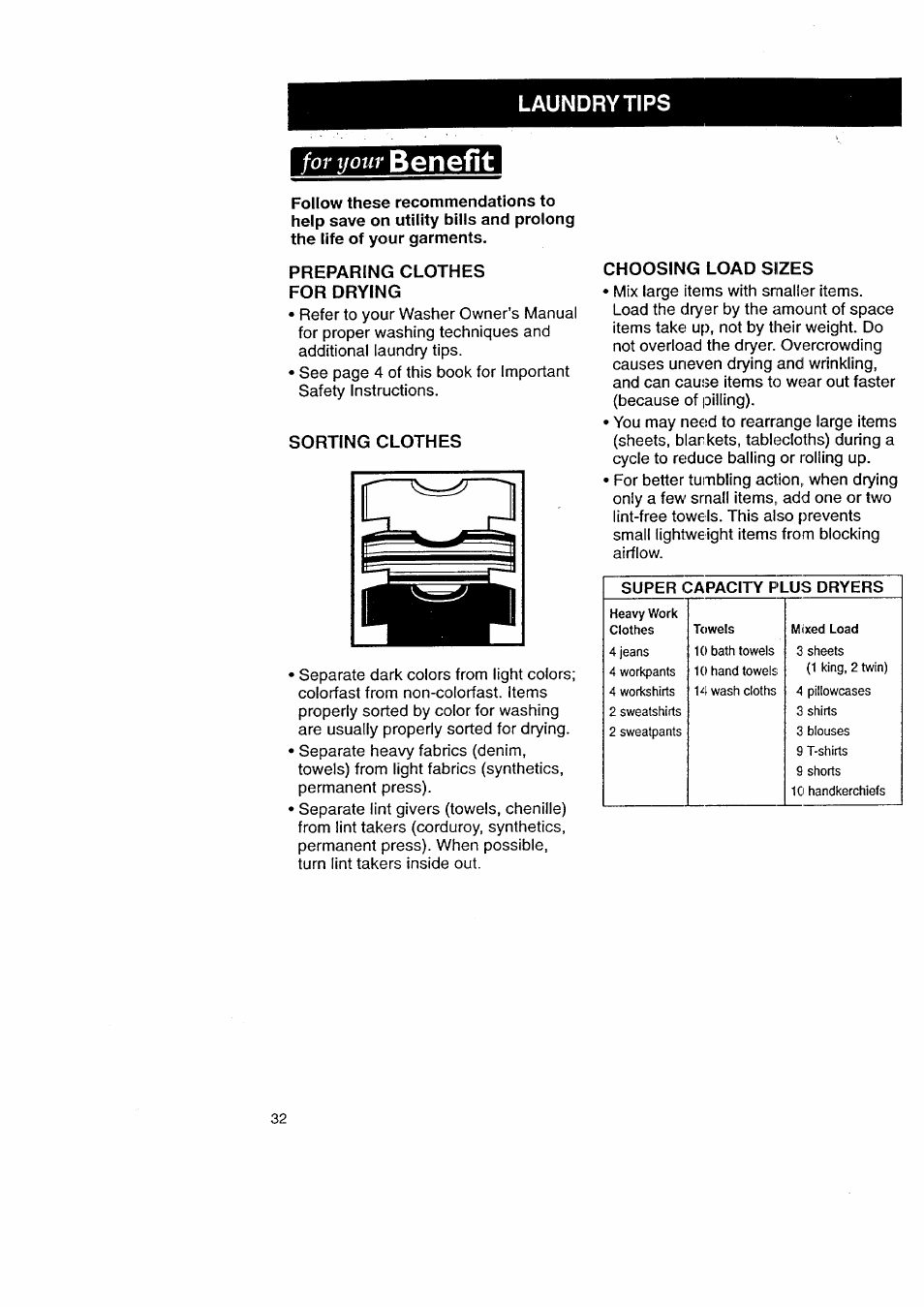 Preparing clothes for drying, Sorting clothes, Choosing load sizes | Kenmore 3405602 User Manual | Page 32 / 42