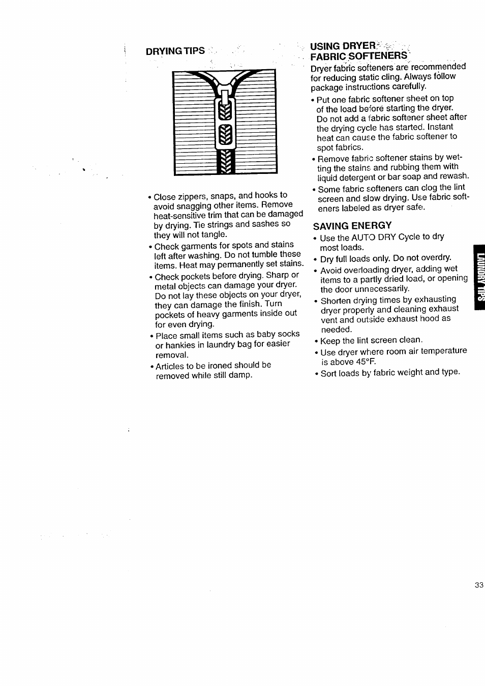 Drying tips, Using dryer fabric soffeners, Saving energy | Kenmore 3405602 User Manual | Page 33 / 42