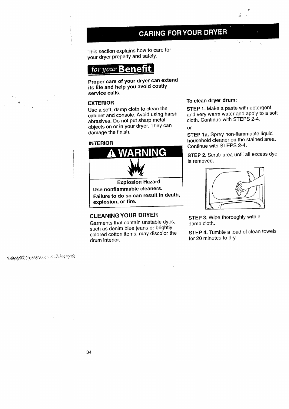 Caring for your dryer, Cleaning your dryer, A warning | Benefit, For yottr | Kenmore 3405602 User Manual | Page 34 / 42