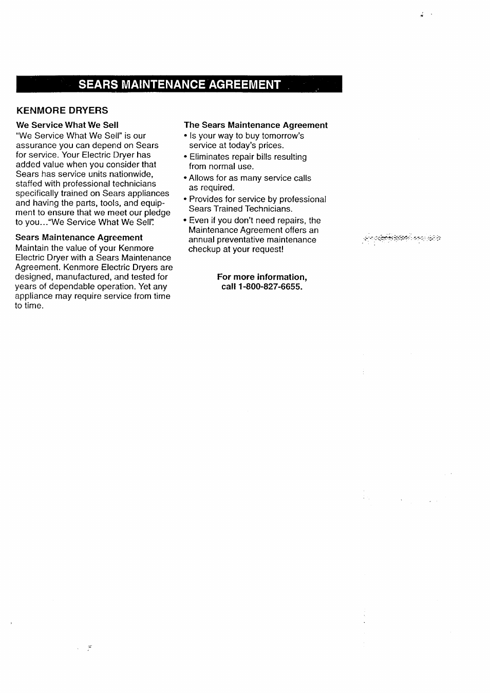 Sears maintenance agreement, Kenmore dryers | Kenmore 3405602 User Manual | Page 40 / 42