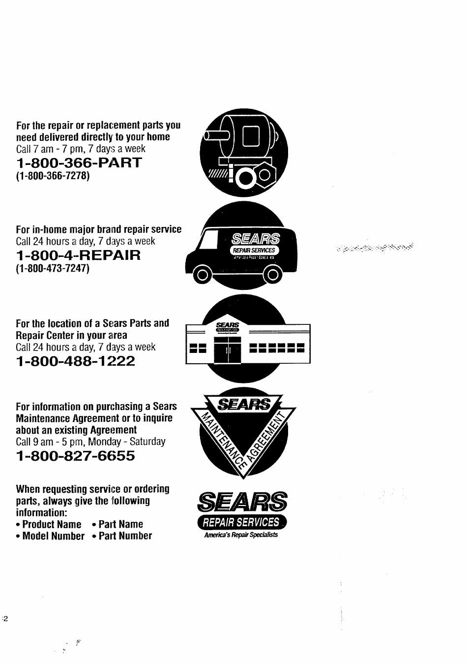 1 -800-366-part, 800-4-repair | Kenmore 3405602 User Manual | Page 42 / 42