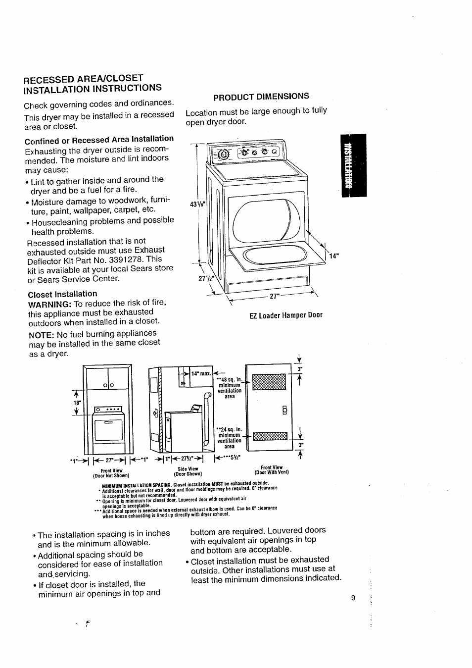 Reecessed area/closet installation instructions | Kenmore 3405602 User Manual | Page 9 / 42