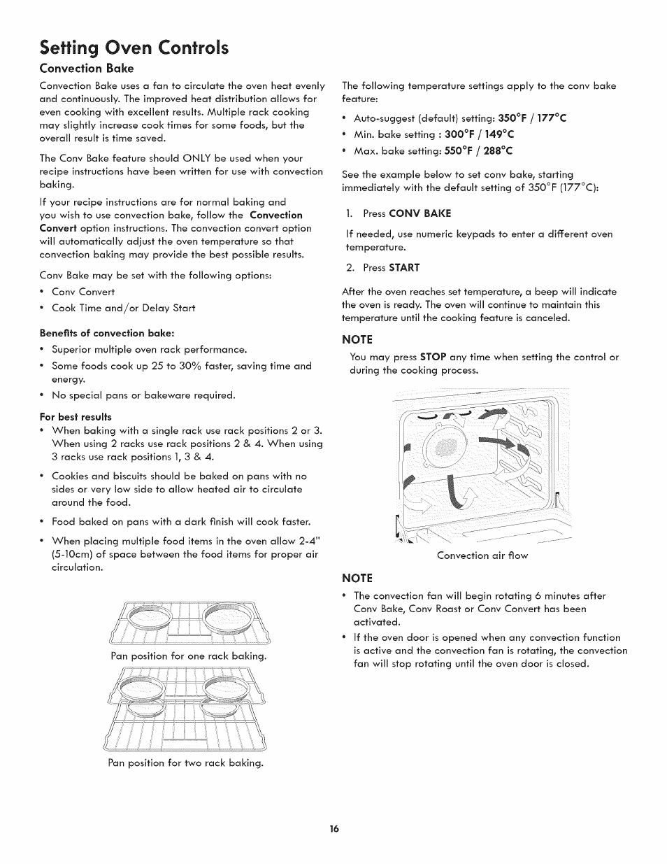 Convection bake, Note, Setting oven controls | Kenmore ELITE 790.3105 User Manual | Page 16 / 36