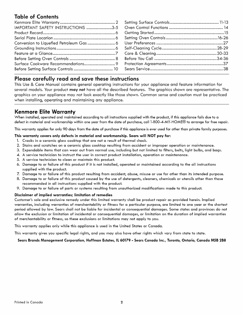 Kenmore ELITE 790.3105 User Manual | Page 2 / 36