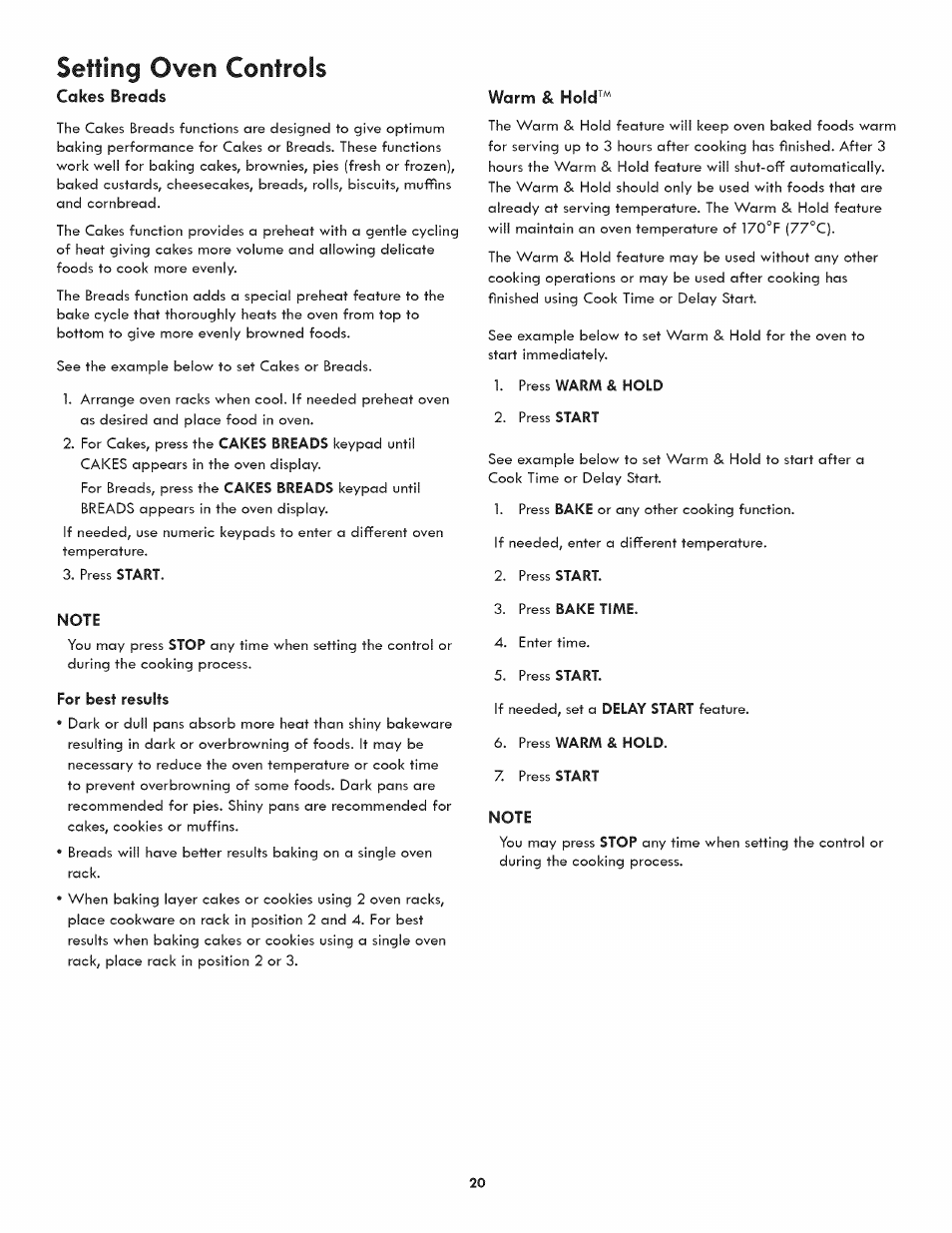 Cakes breads, Note, For best results | Warm & hold, Setting oven controls | Kenmore ELITE 790.3105 User Manual | Page 20 / 36