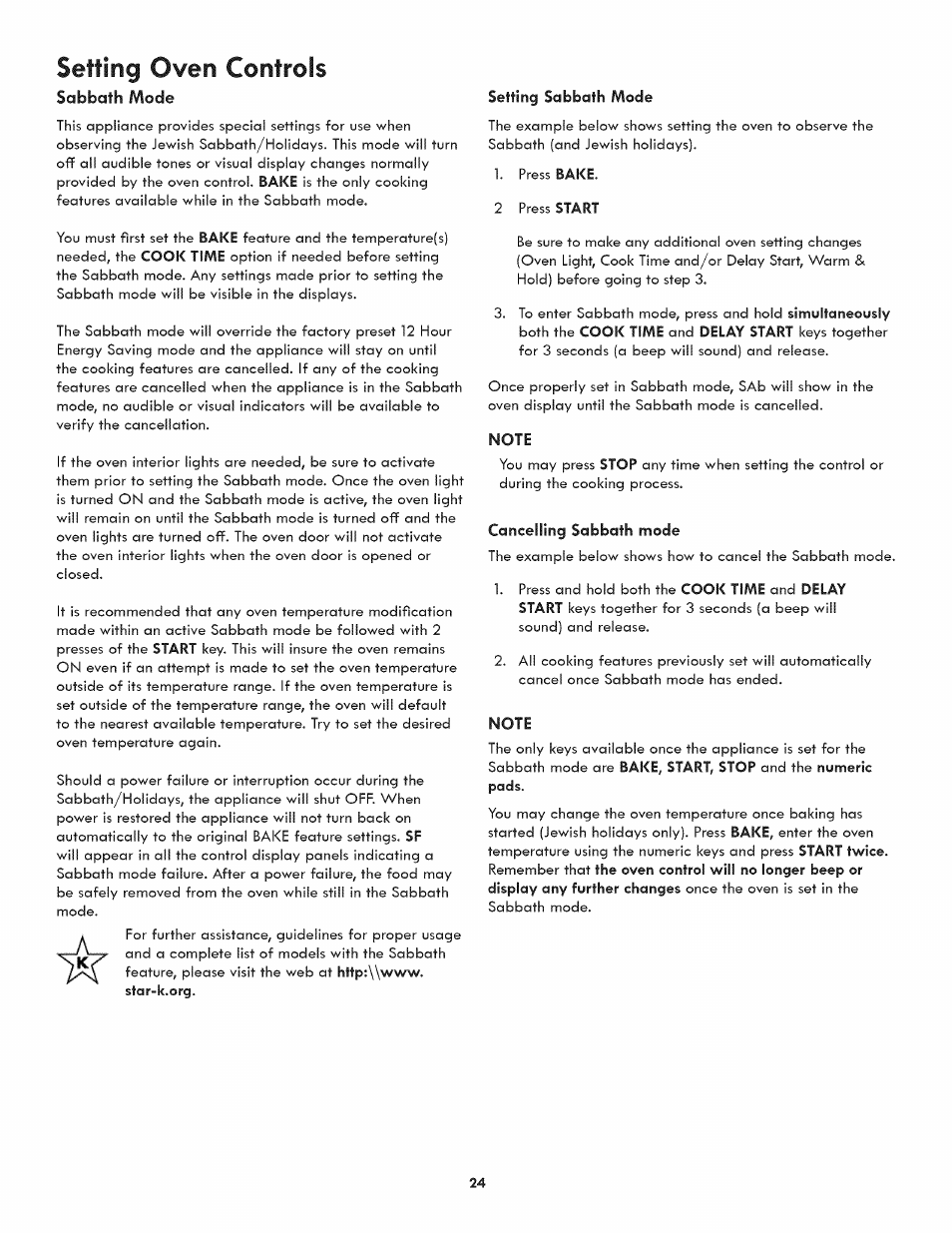 Sabbath mode, Setting sabbath mode, Note | Cancelling sabbath mode, Setting oven controls | Kenmore ELITE 790.3105 User Manual | Page 24 / 36