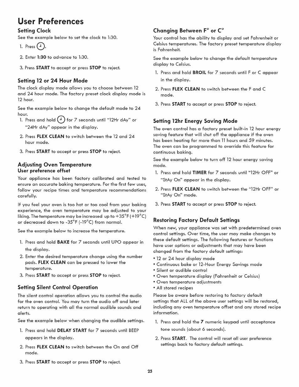 Setting clock, Setting 12 or 24 hour mode, Adjusting oven temperature user preference offset | Setting silent control operation, Changing between f° or c, Setting 12hr energy saving mode, Restoring factory default settings, User preferences | Kenmore ELITE 790.3105 User Manual | Page 25 / 36