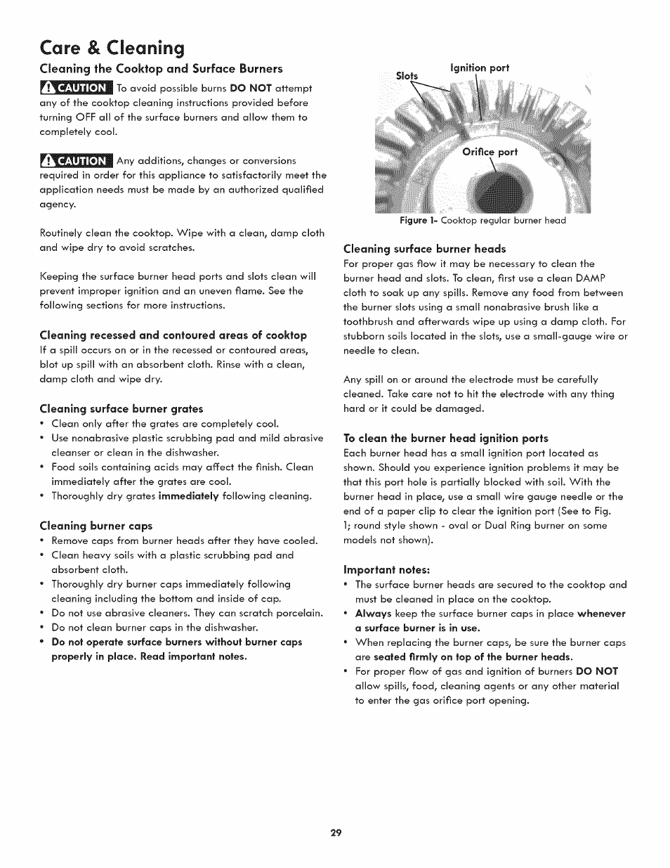 Cleaning the cooktop and surface burners, Caution, Cleaning recessed and contoured areas of cooktop | Cleaning surface burner grates, Cleaning burner caps, Cleaning surface burner heads, To clean the burner head ignition ports, Important notes, Care & cleaning | Kenmore ELITE 790.3105 User Manual | Page 29 / 36