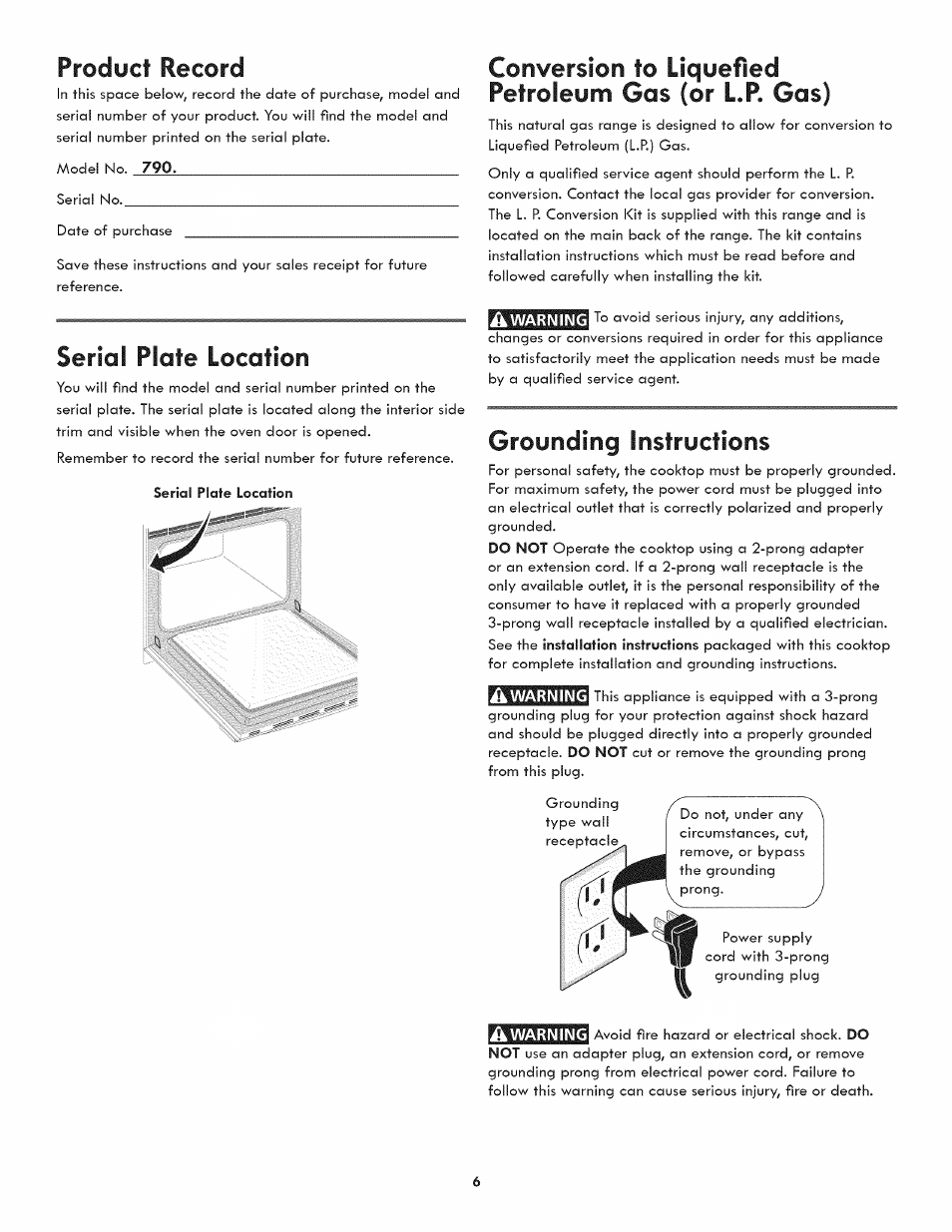 Serial plate location, Grounding instructions, Ik warning | Product record | Kenmore ELITE 790.3105 User Manual | Page 6 / 36