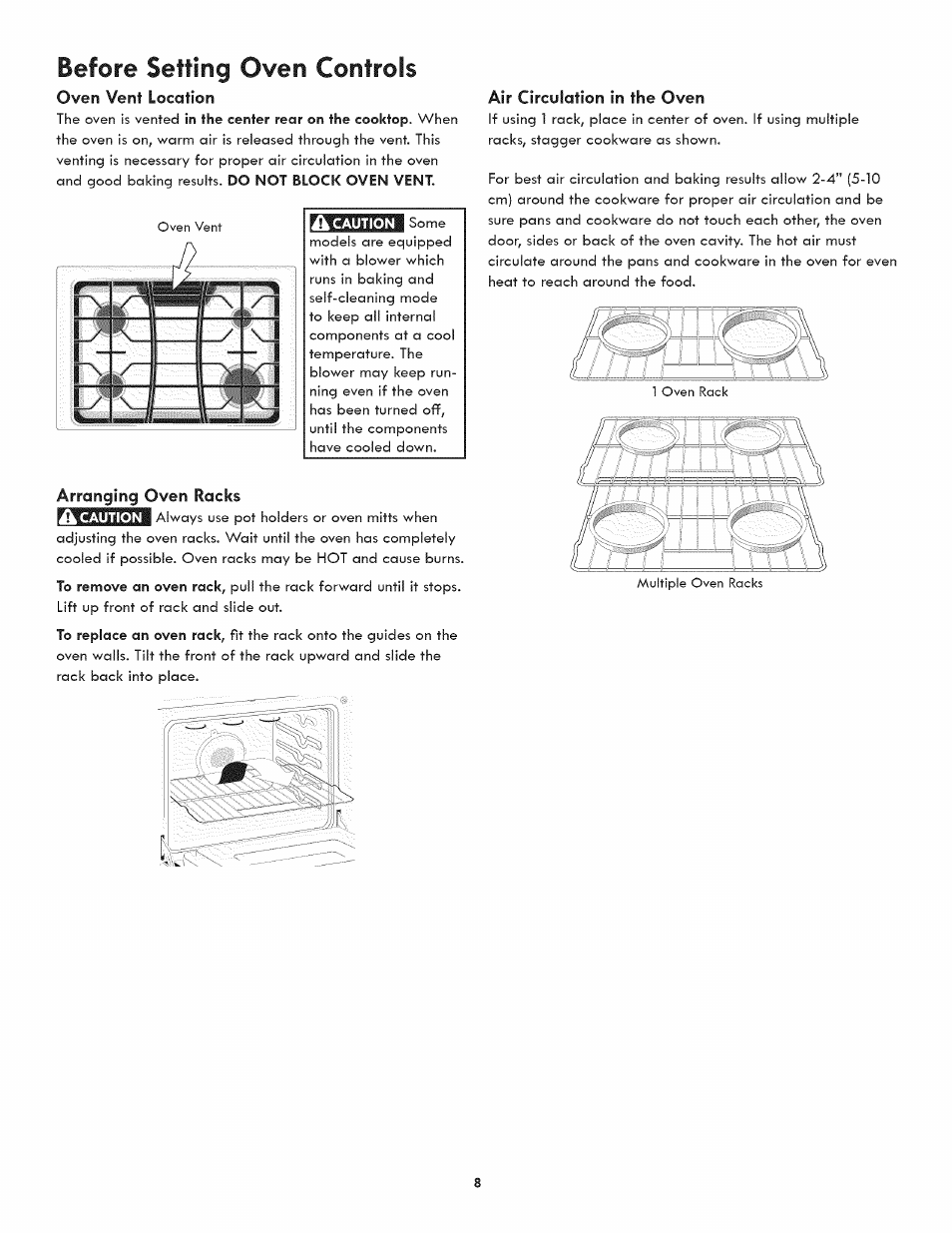 Oven vent location, Arranging oven racks, Air circulation in the oven | Before setting oven controls | Kenmore ELITE 790.3105 User Manual | Page 8 / 36