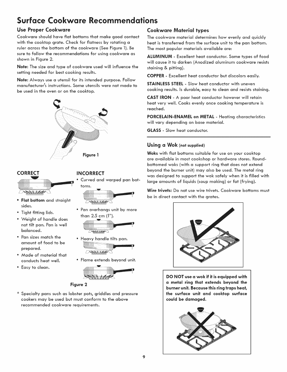 Use proper cookware, Incorrect, Cookware material types | Surface cookware recommendations, Correct incorrect, Using a wok | Kenmore ELITE 790.3105 User Manual | Page 9 / 36