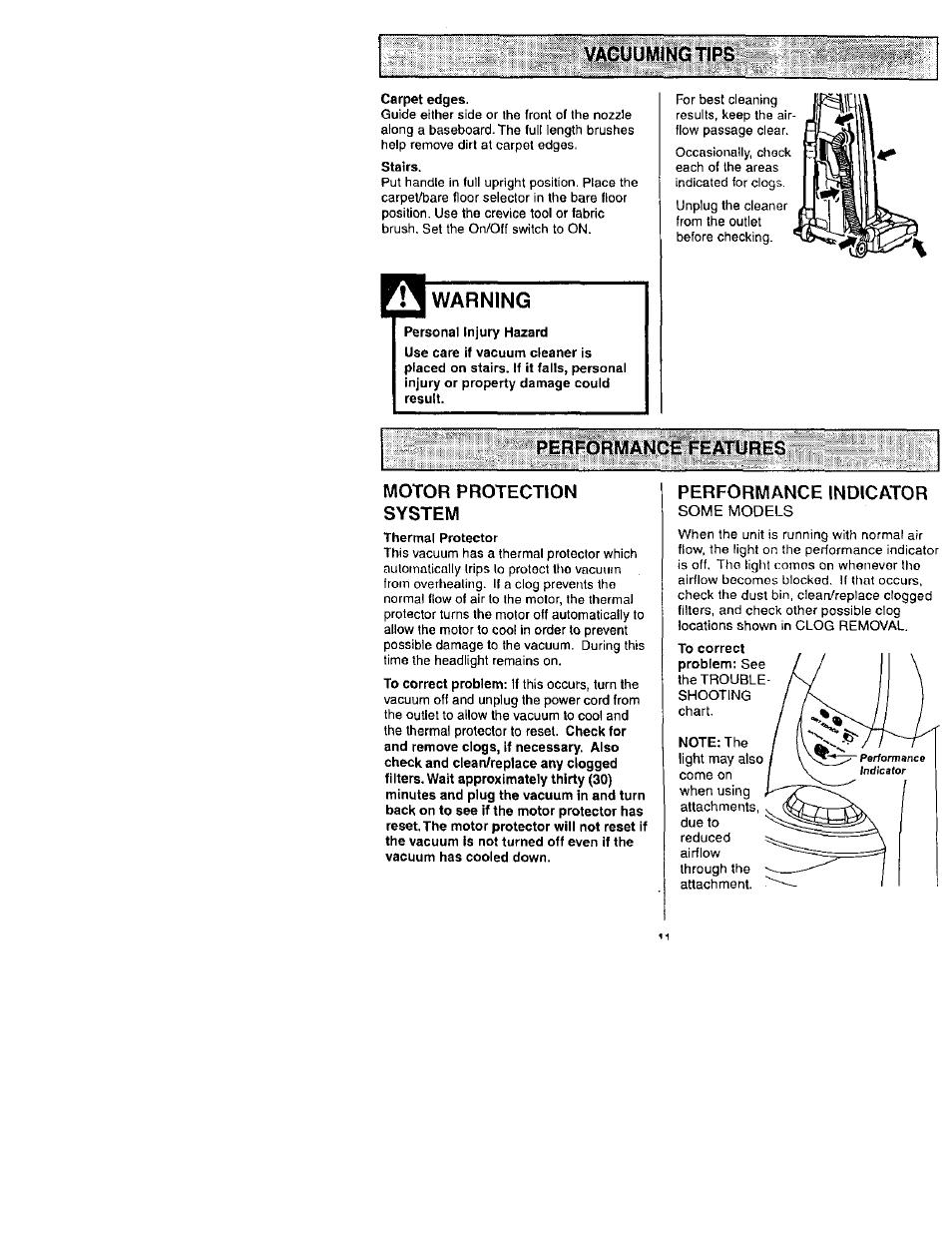 Vacuuming tips, Warning, Performance features | Performance indicator, Performance features -12 | Kenmore 116.31722 User Manual | Page 11 / 24