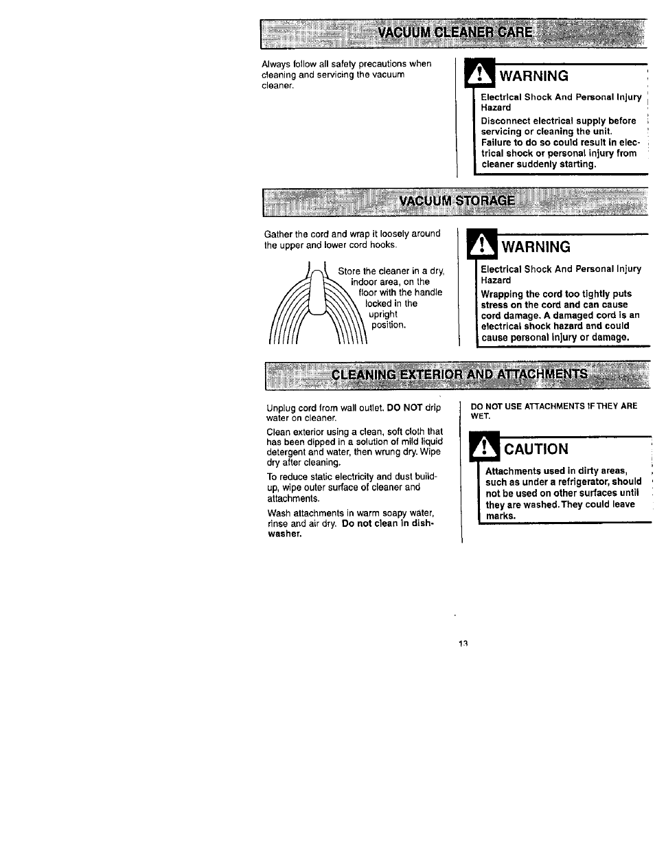 Vacuum cleaner care, Vacuum storage, Warning | Cleaning exterior and attachments, Caution | Kenmore 116.31722 User Manual | Page 13 / 24
