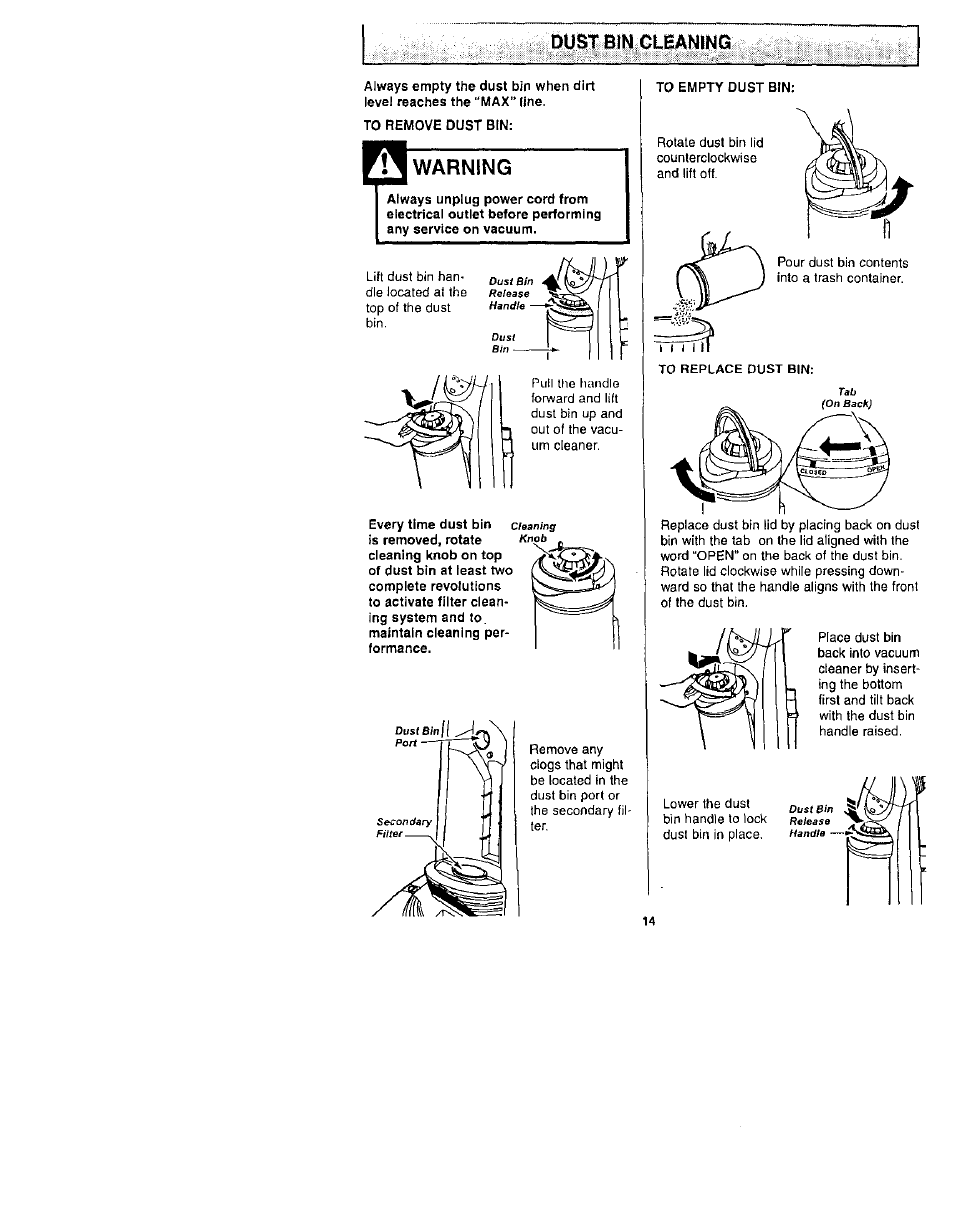 Dust bin cleaning, Warning, Dust | Bin cleaning | Kenmore 116.31722 User Manual | Page 14 / 24