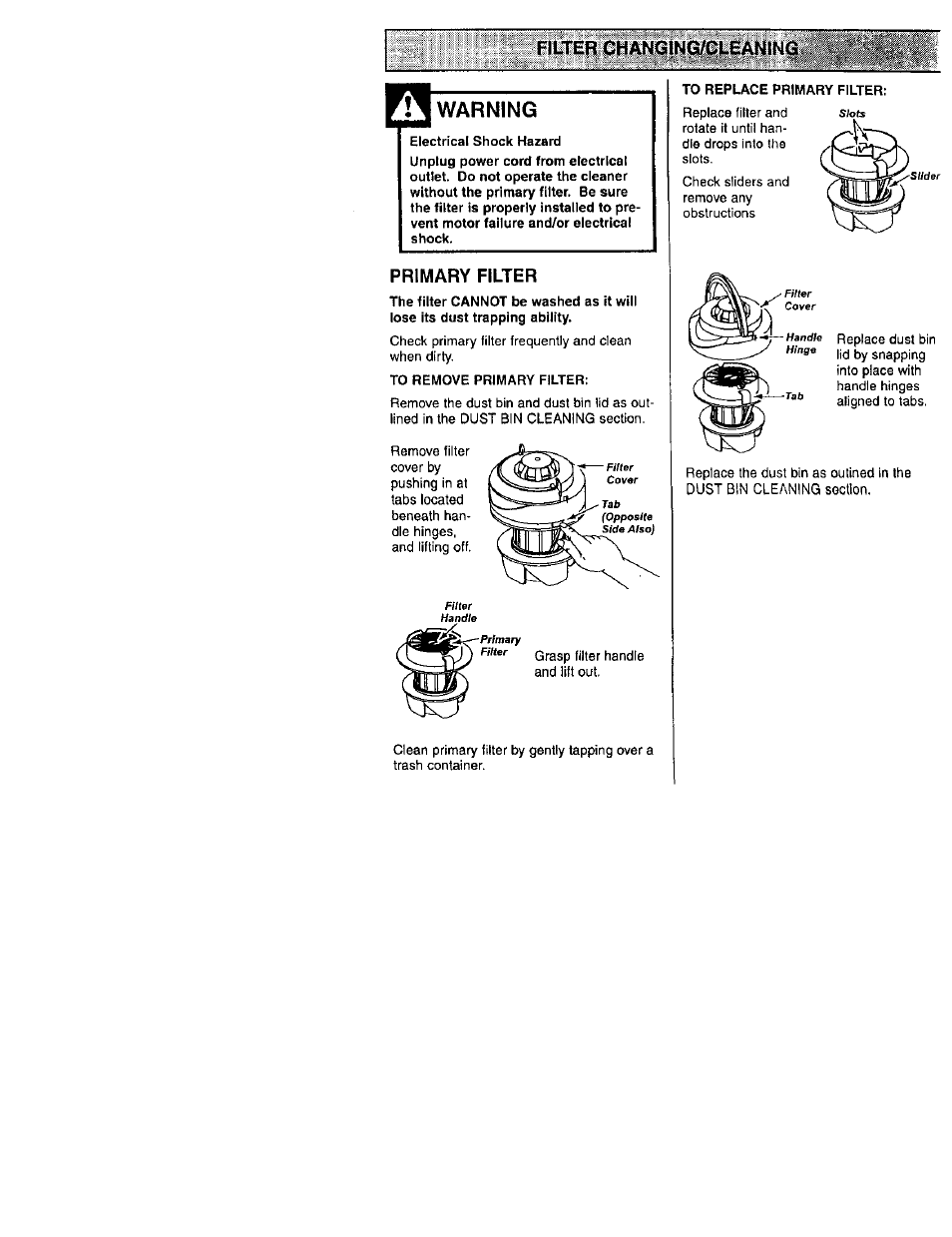 Warning, Primary filter, Filter changing/cleaning warning | Kenmore 116.31722 User Manual | Page 15 / 24