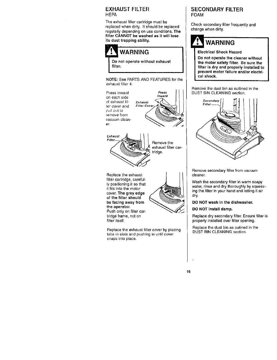 Exhaust filter, Secondary filter, Warning | Kenmore 116.31722 User Manual | Page 16 / 24