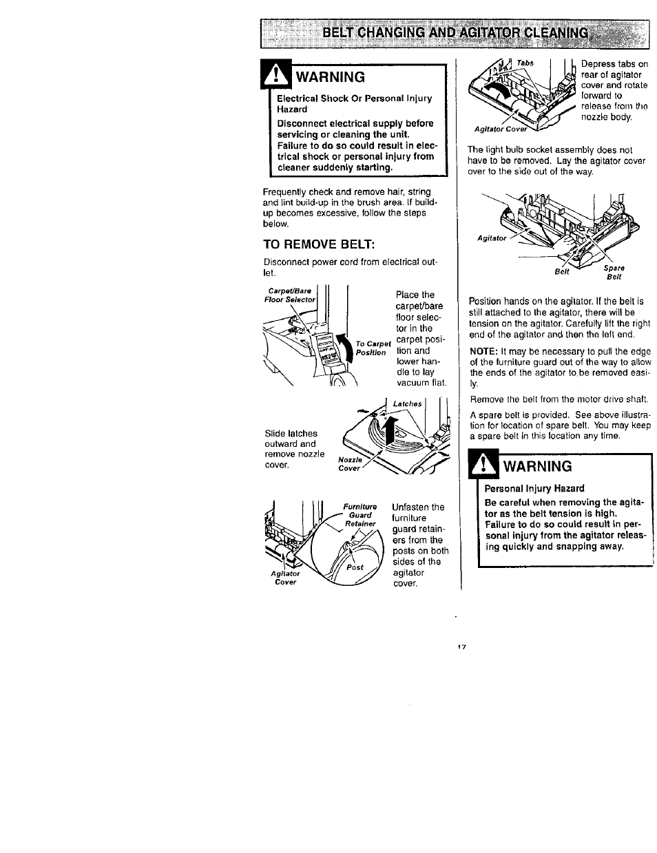 Warning, To remove belt, Belt changing and warning | Kenmore 116.31722 User Manual | Page 17 / 24