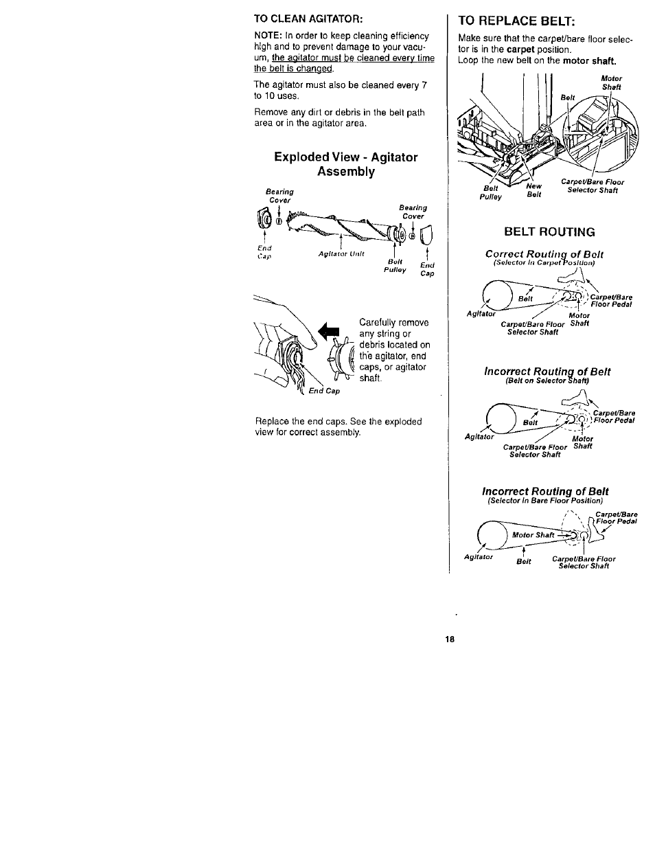 Exploded view - agitator assembly, To replace belt, Belt routing | Carpet, Incorrect routing of belt | Kenmore 116.31722 User Manual | Page 18 / 24