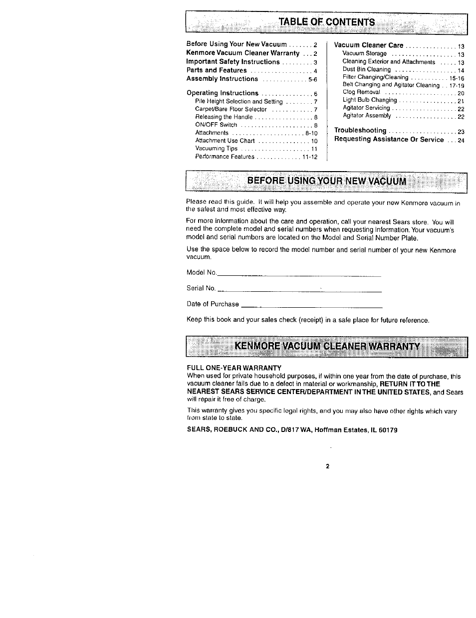 Tablé of contents, Before using your new va0mum, Kenmore vacuum cleaner warranty | Kenmore 116.31722 User Manual | Page 2 / 24