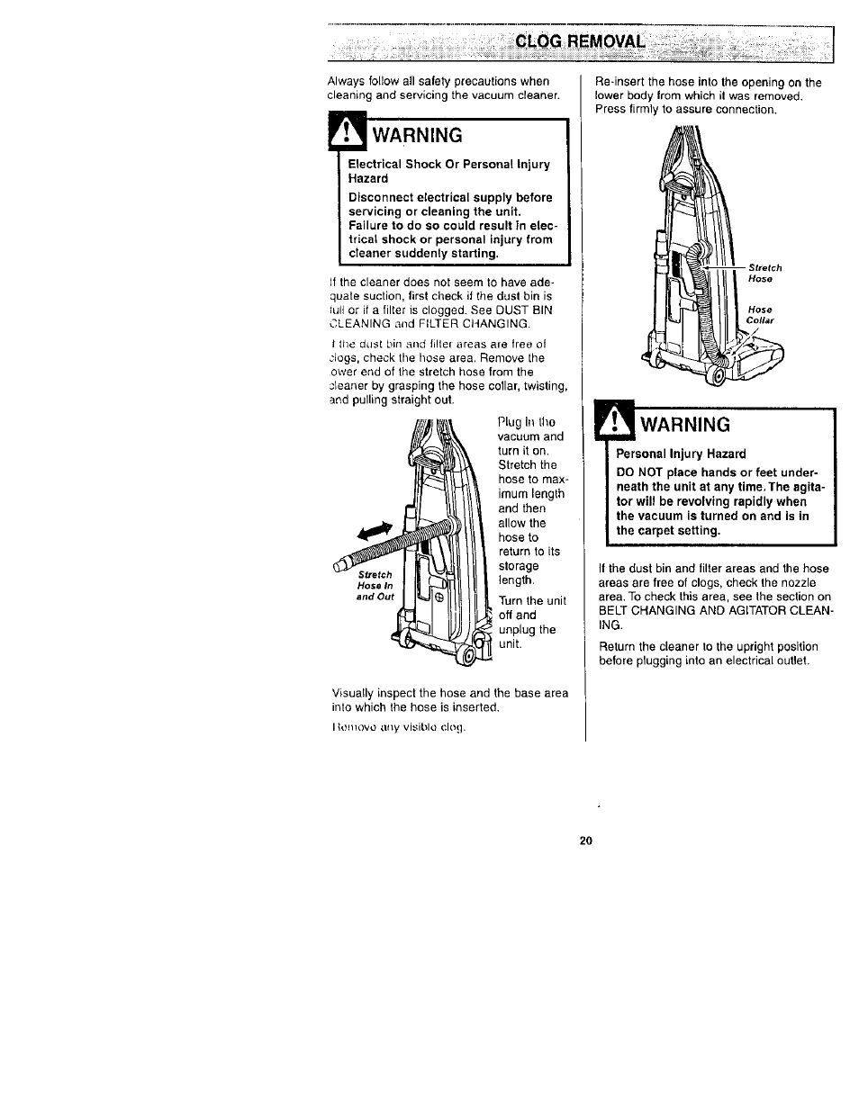 Clog removal, Warning | Kenmore 116.31722 User Manual | Page 20 / 24