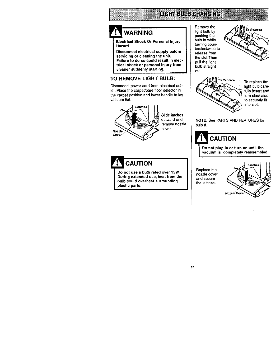 Light bulb changing, Warning, Caution | Kenmore 116.31722 User Manual | Page 21 / 24