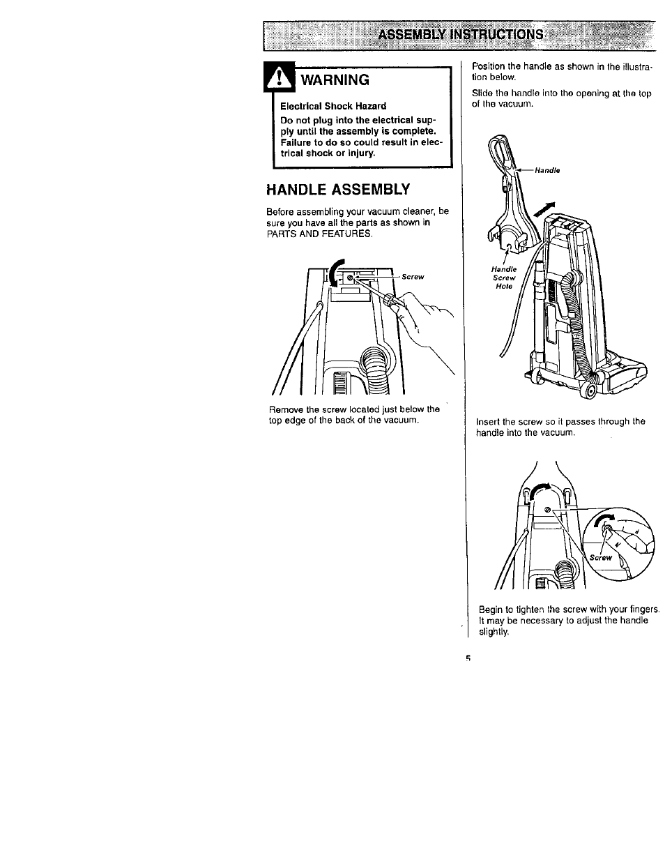 Assembly instructions, Warning, Handle assembly | Kenmore 116.31722 User Manual | Page 5 / 24