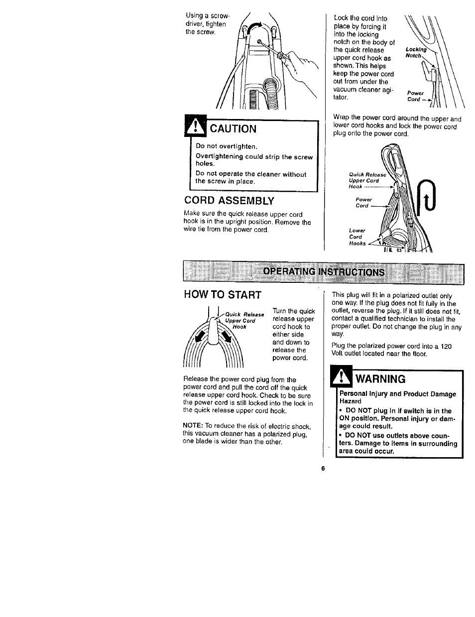 Cord assembly, Operating instructions, Howto start | Warning, Caution | Kenmore 116.31722 User Manual | Page 6 / 24