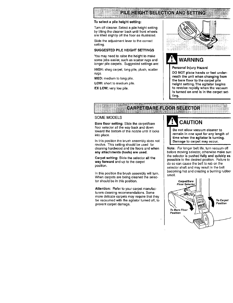 Pile height selection and setting, Warning, Carpet/bare floor selector | Caution | Kenmore 116.31722 User Manual | Page 7 / 24